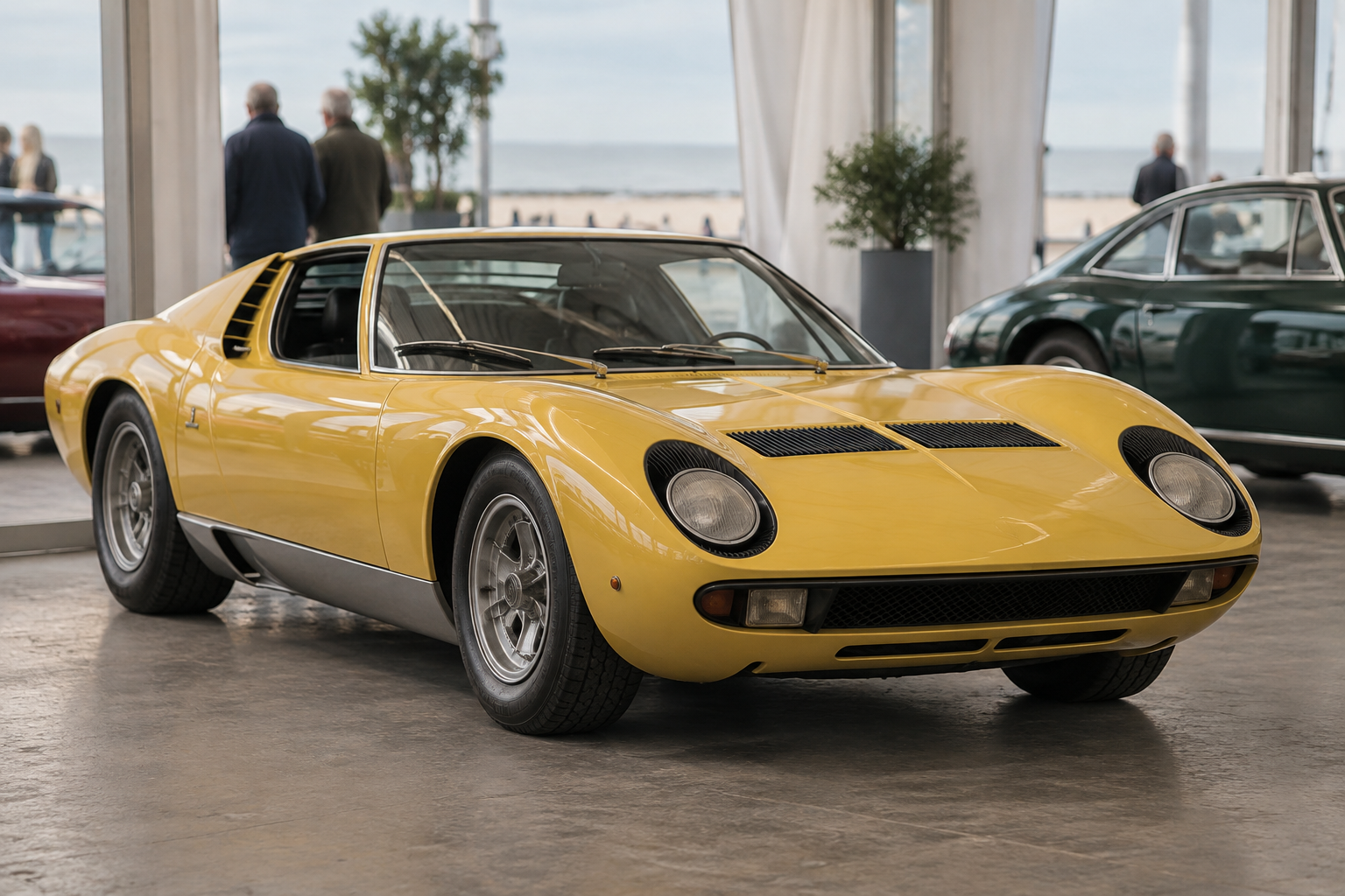 Yellow 1970 Lamborghini Miura P400S coupé with black leather cabin at a Bonhams Zoute Sale auction viewing in Belgium.